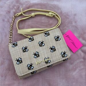 Betsey Johnson Yellow Bee Embroidered Straw Crossbody Bag